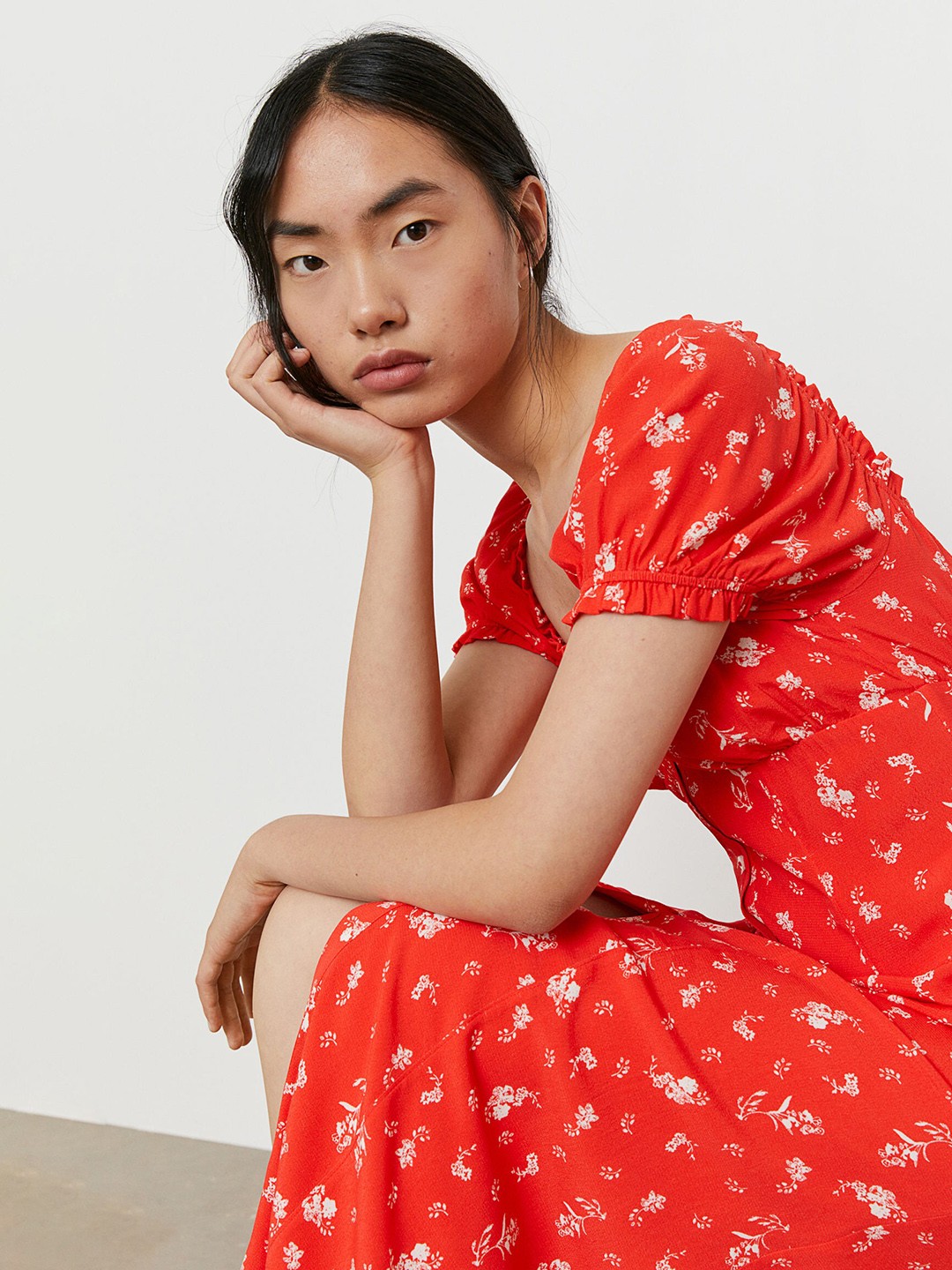 

H&M Women Red & White Floral Printed Button-Front Dress