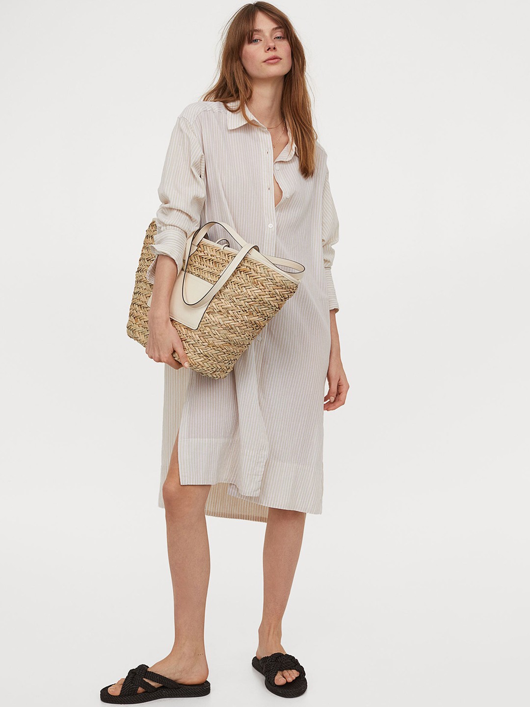 

H&M Women Beige & White Striped Cotton Shirt Dress