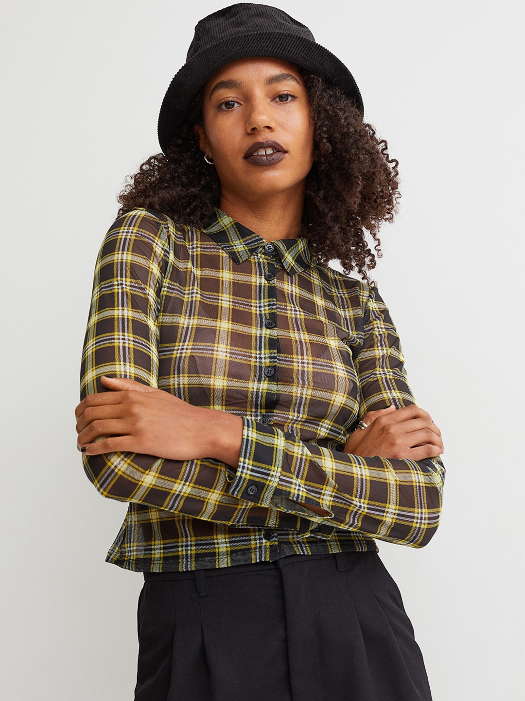 

H&M Women Black & Yellow Checked Mesh Shirt