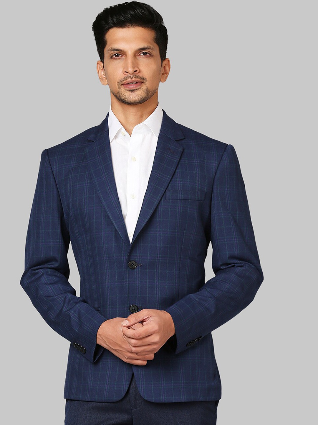 

Raymond Men Blue Checked Single-Breasted Slim-Fit Formal Blazer