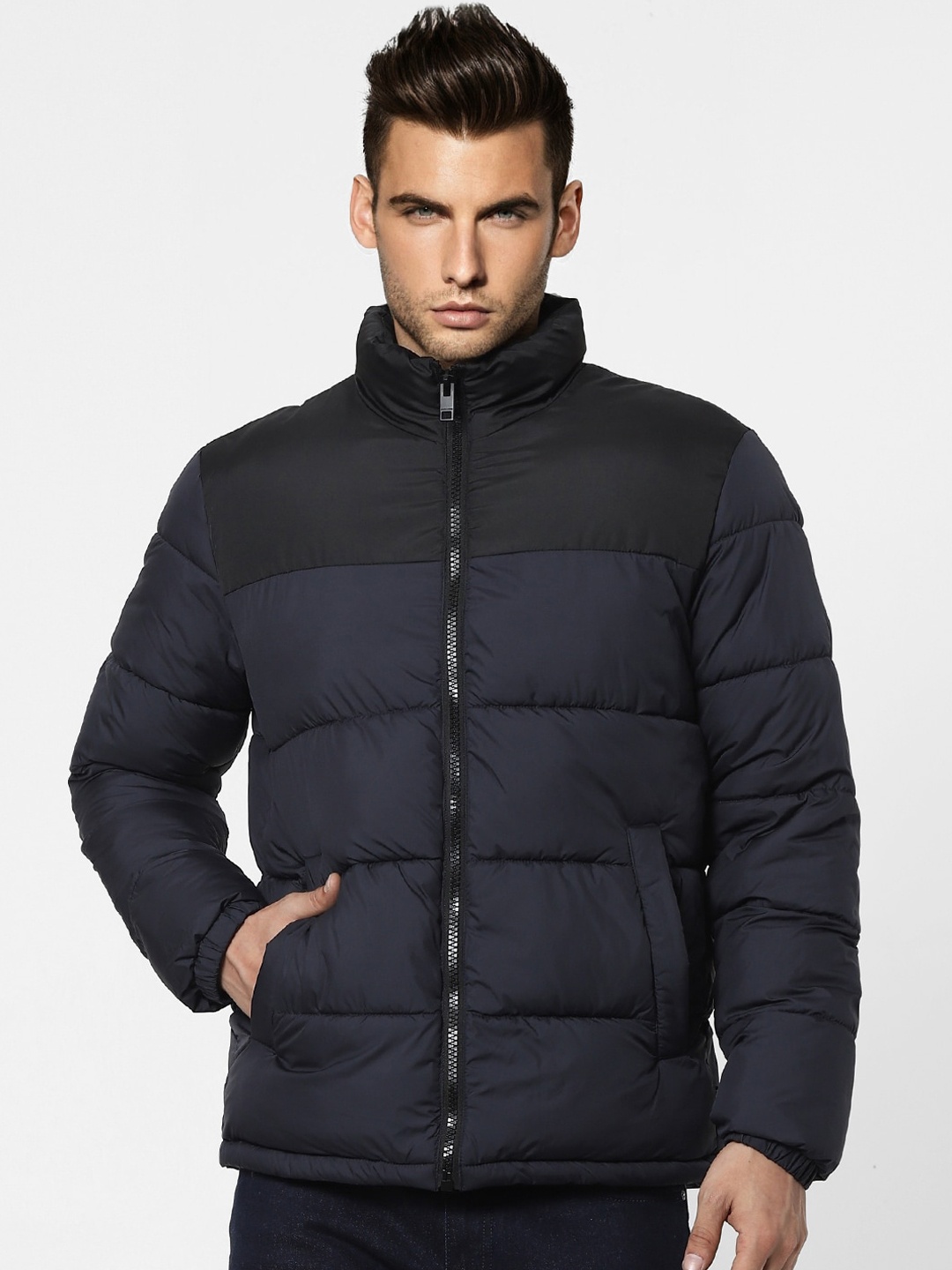 

Jack & Jones Men Navy Blue Black Colourblocked Puffer Jacket