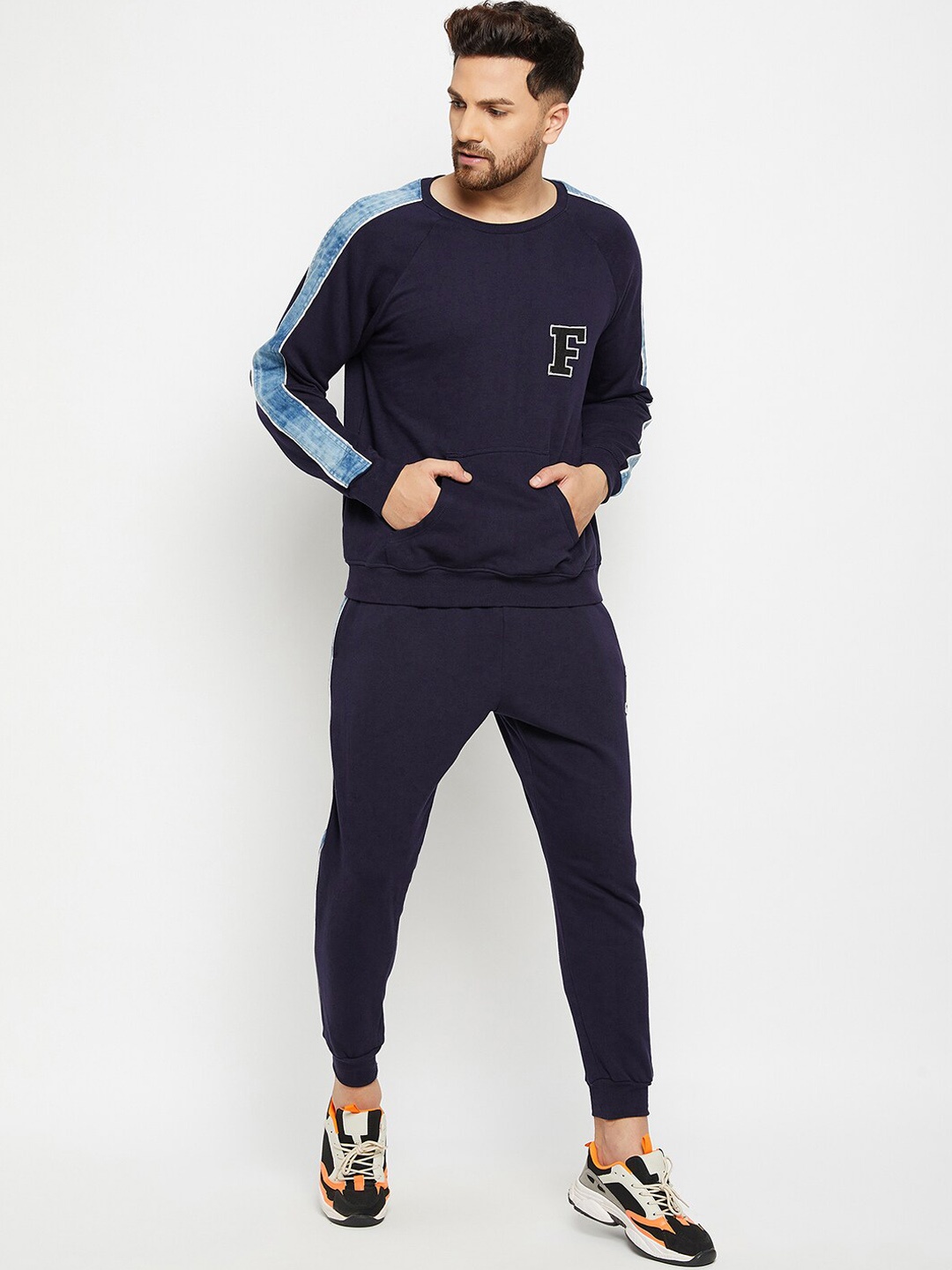 

FUGAZEE Men Navy Blue Solid Oversized-Fit Pure Cotton Tracksuit