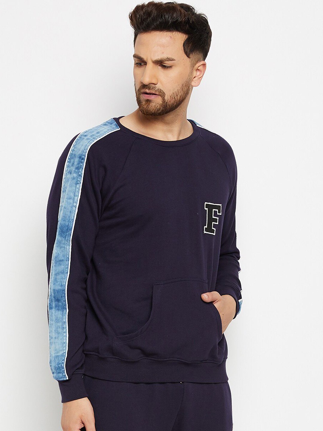 

FUGAZEE Men Navy Blue Oversized Pure Cotton Sweatshirt