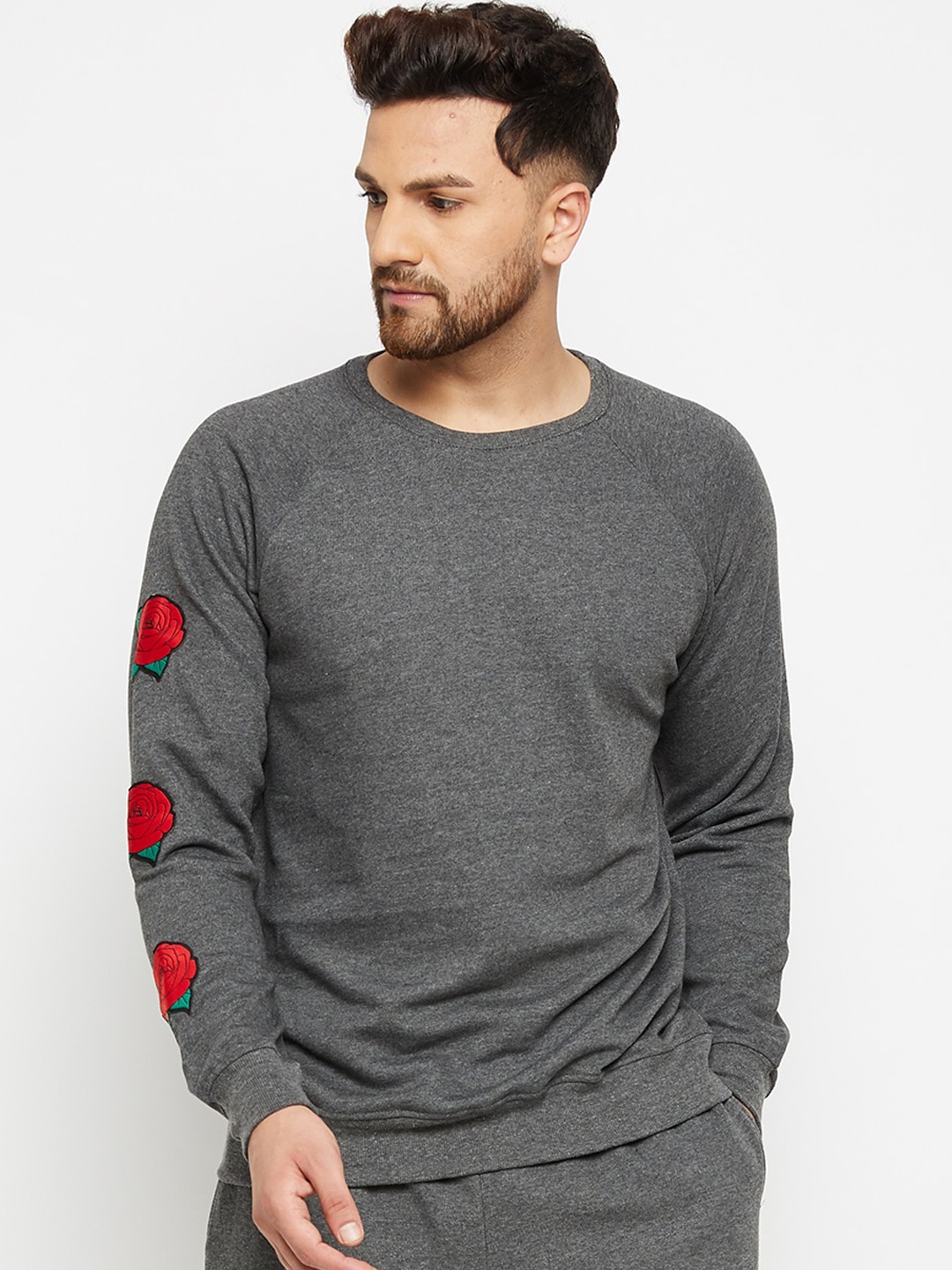 

FUGAZEE Men Charcoal Solid Rose Patched Oversized Sweatshirt