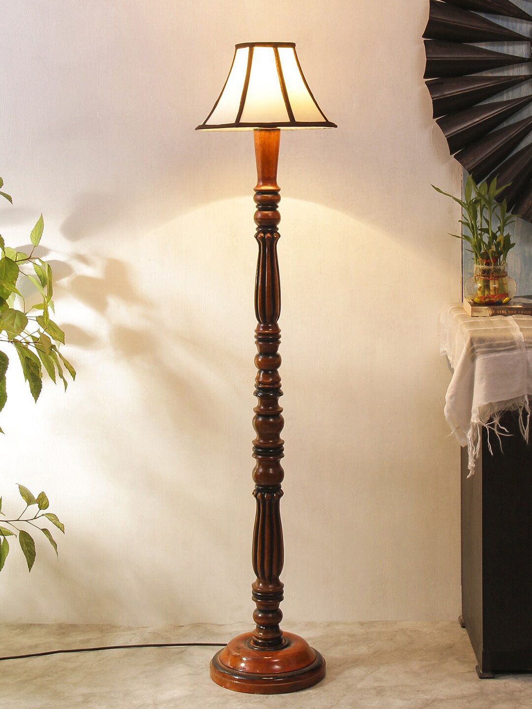 

Devansh White & Brown Traditional Floor Lamp With Cotton Frustum Shade