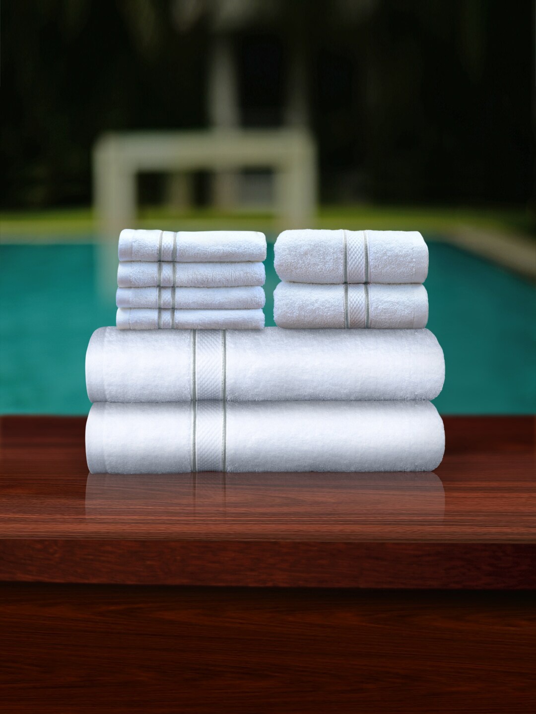 

PETAL HOME Set Of 8 White & Grey Solid Combed Cotton 550 GSM Towels