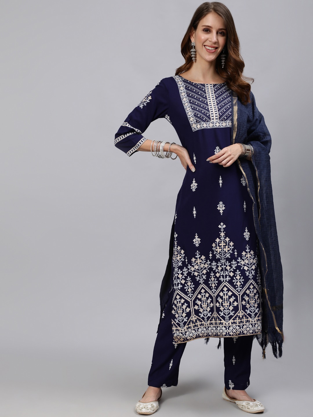 

Anubhutee Women Navy Blue Floral Embroidered Regular Kurta with Trousers & With Dupatta