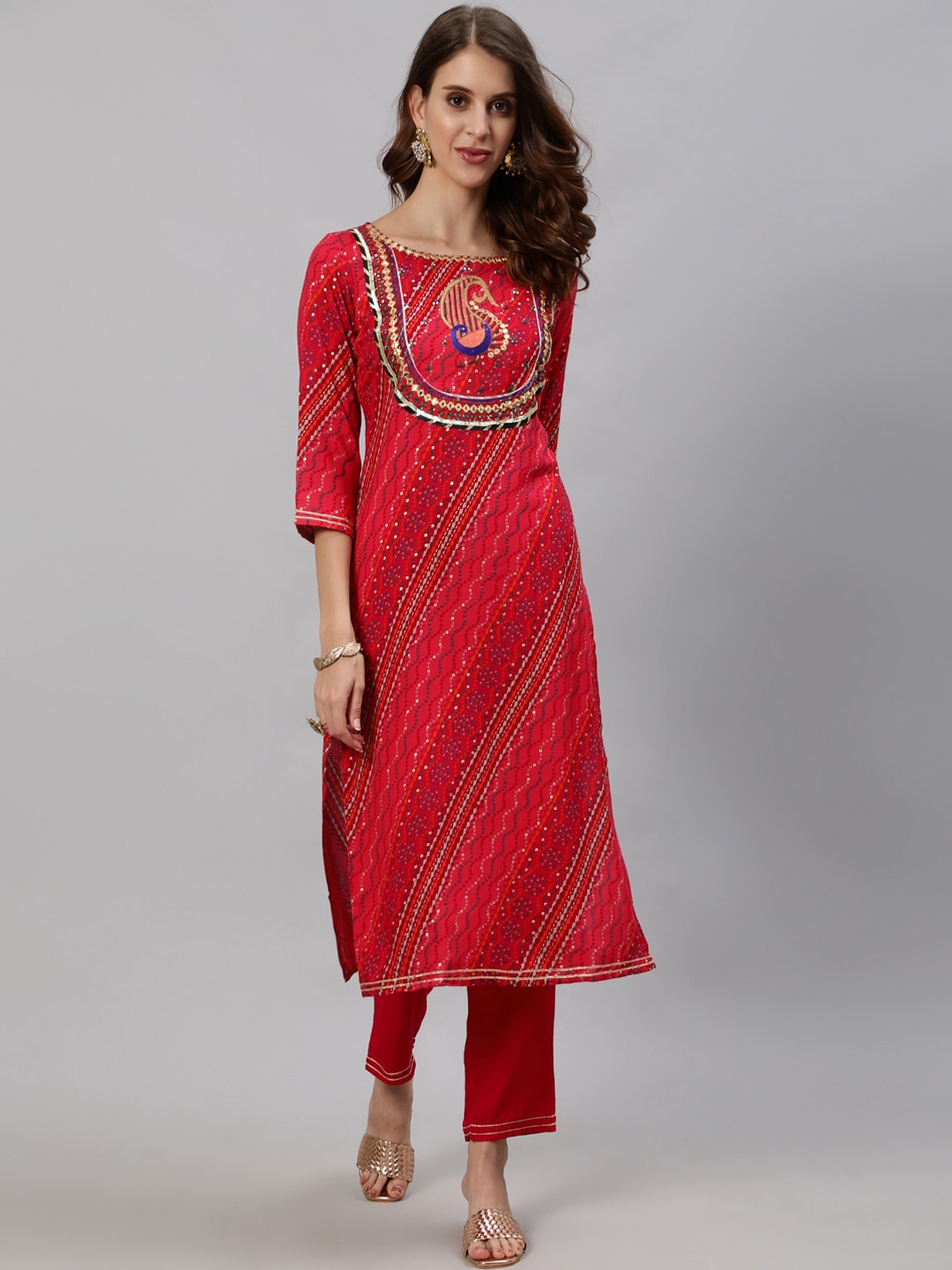 

Anubhutee Women Pink Bandhani Embroidered Regular Kurta with Trousers