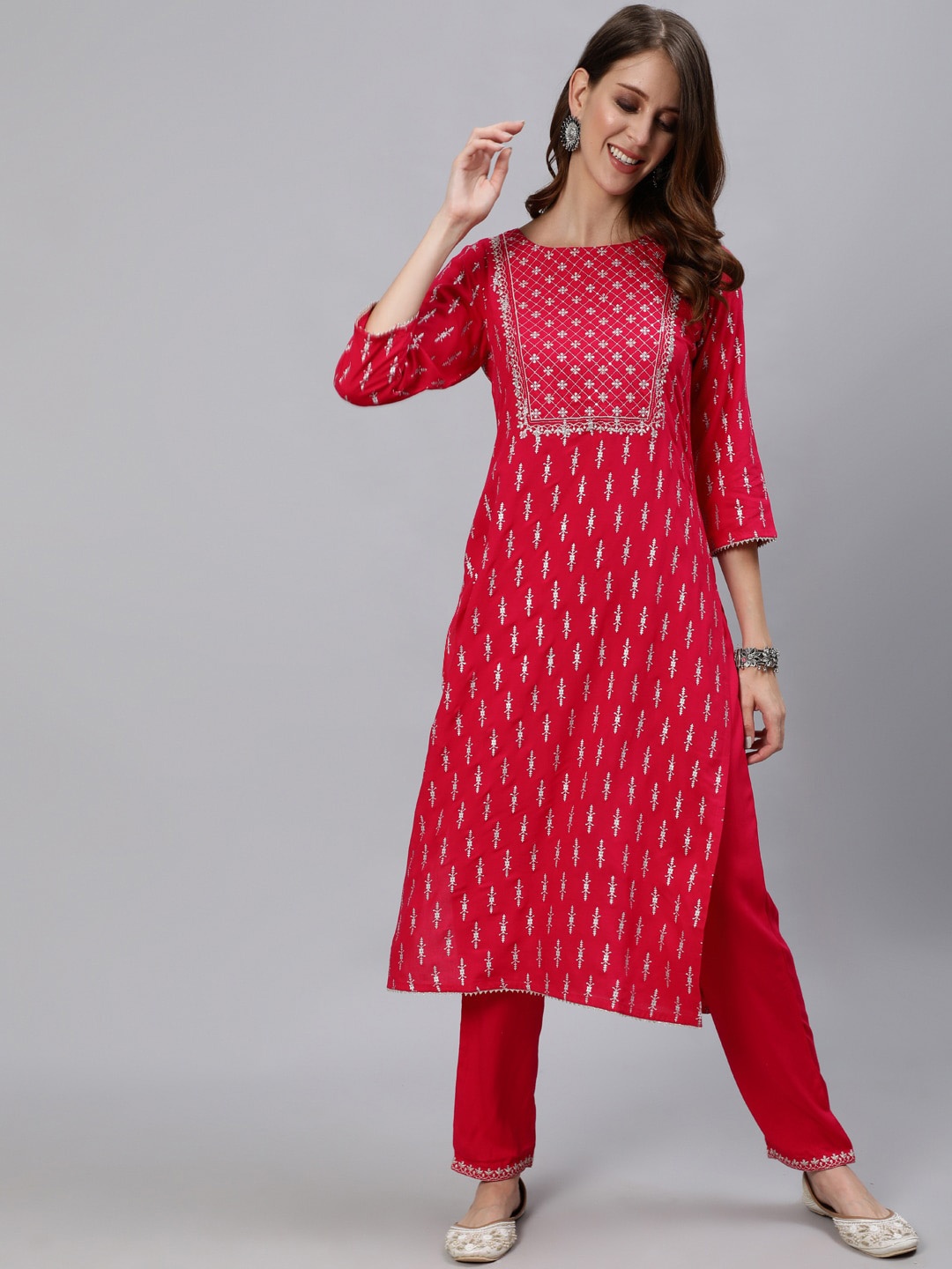 

Anubhutee Women Red Ethnic Motifs Yoke Design Regular Kurta with Trousers