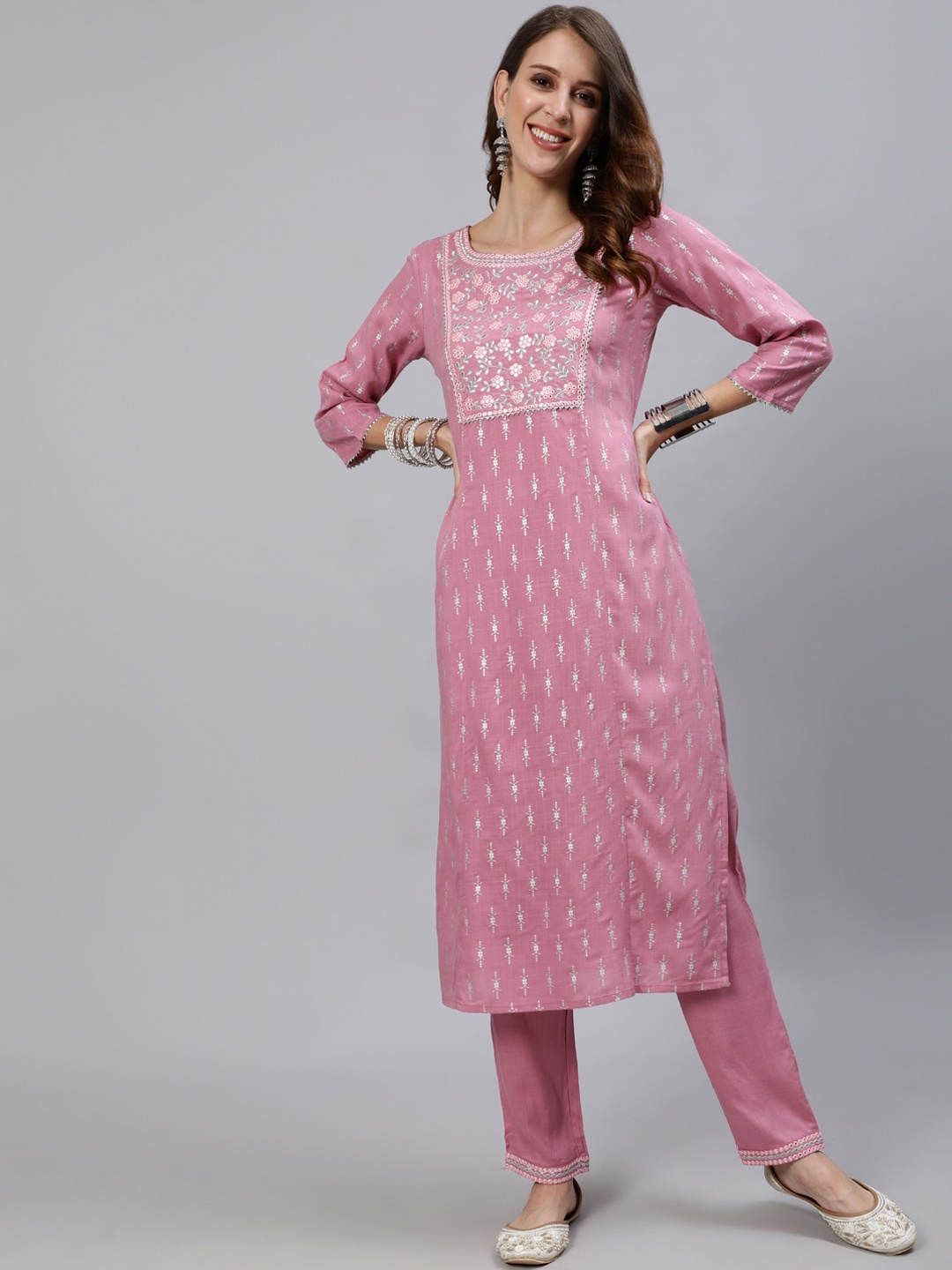 

Anubhutee Women Mauve Ethnic Motifs Yoke Design Regular Mirror Work Kurta with Trousers