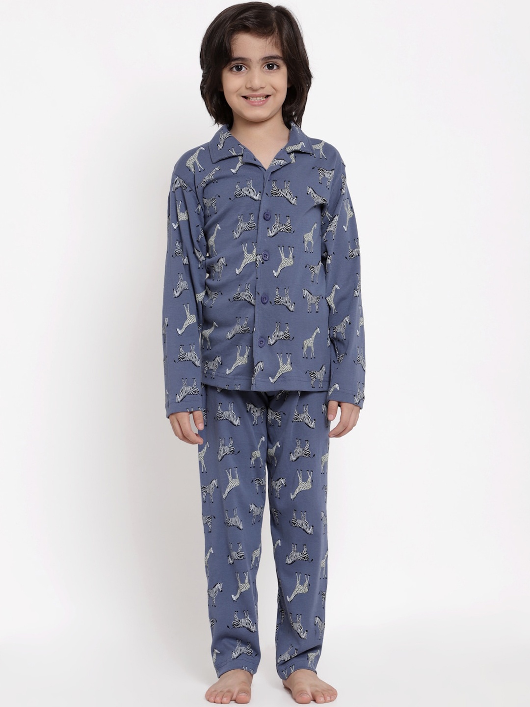 

NYNSH Boys Blue & White Printed Pure Cotton Night suit