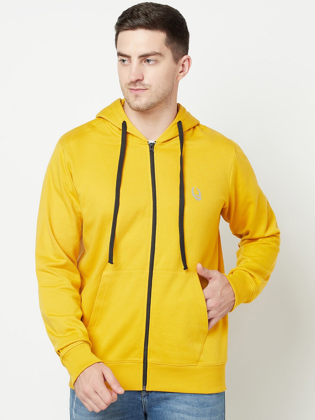 

ELEGANCE Men Mustard Yellow Solid Hooded Front-Open Sweatshirt