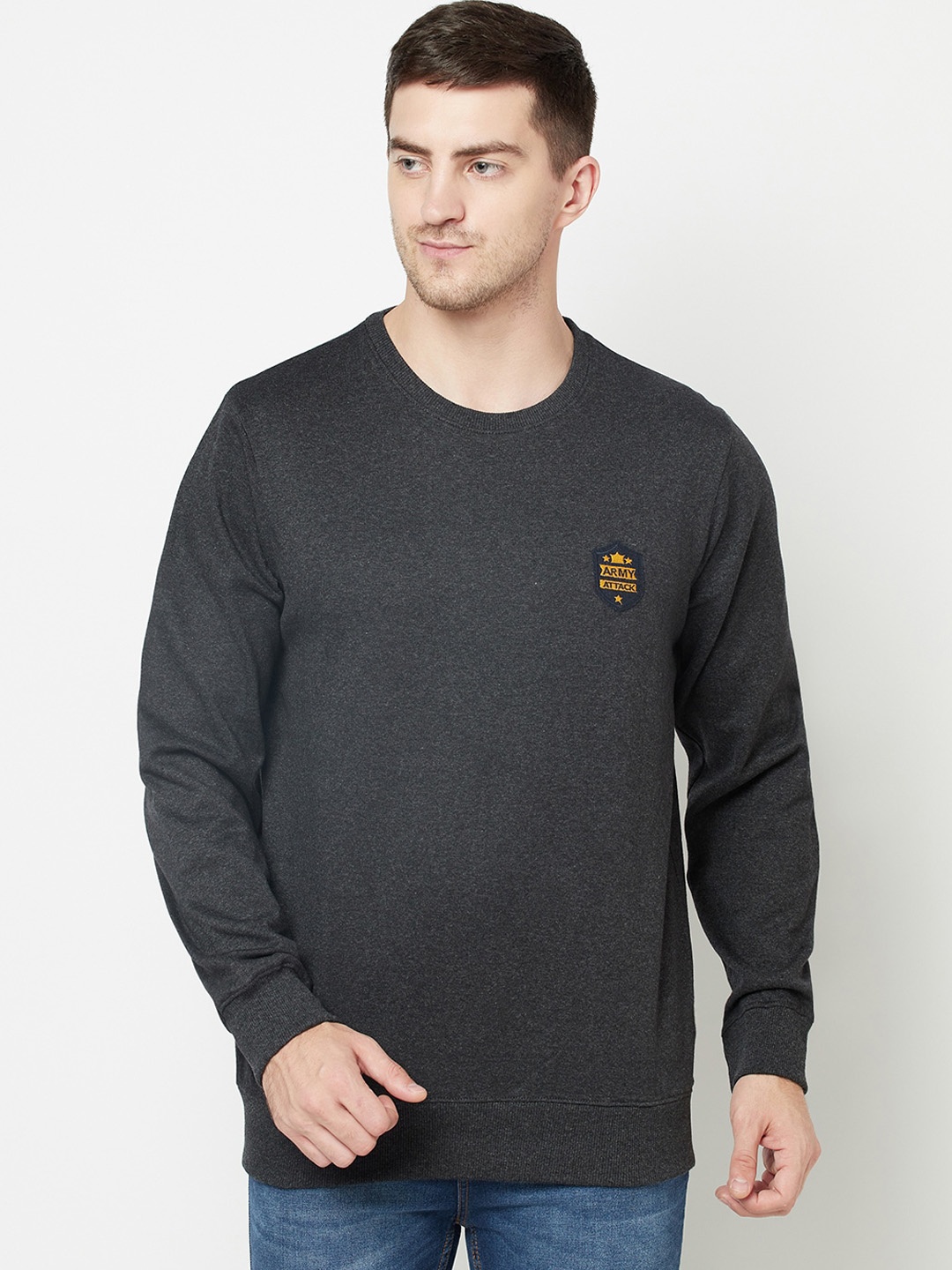 

ELEGANCE Men Charcoal Solid Round Neck Sweatshirt