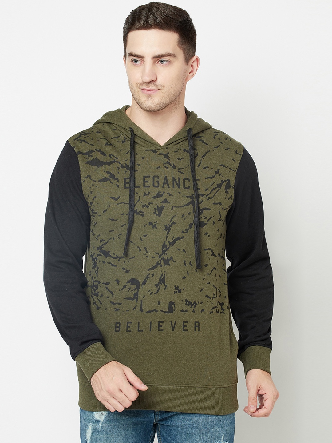 

ELEGANCE Men Olive Green Printed Hooded Sweatshirt