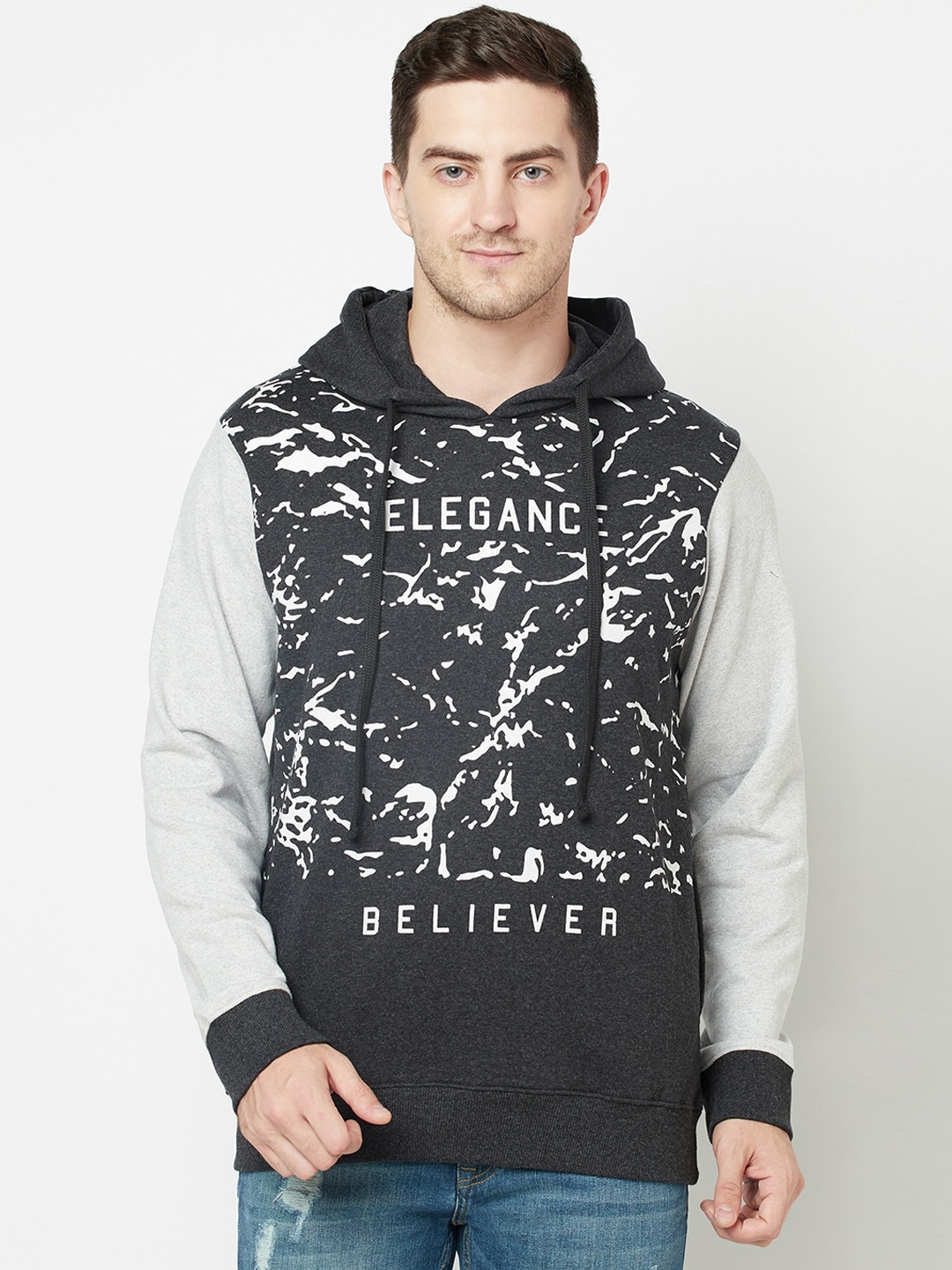 

ELEGANCE Men Charcoal Printed Hooded Sweatshirt