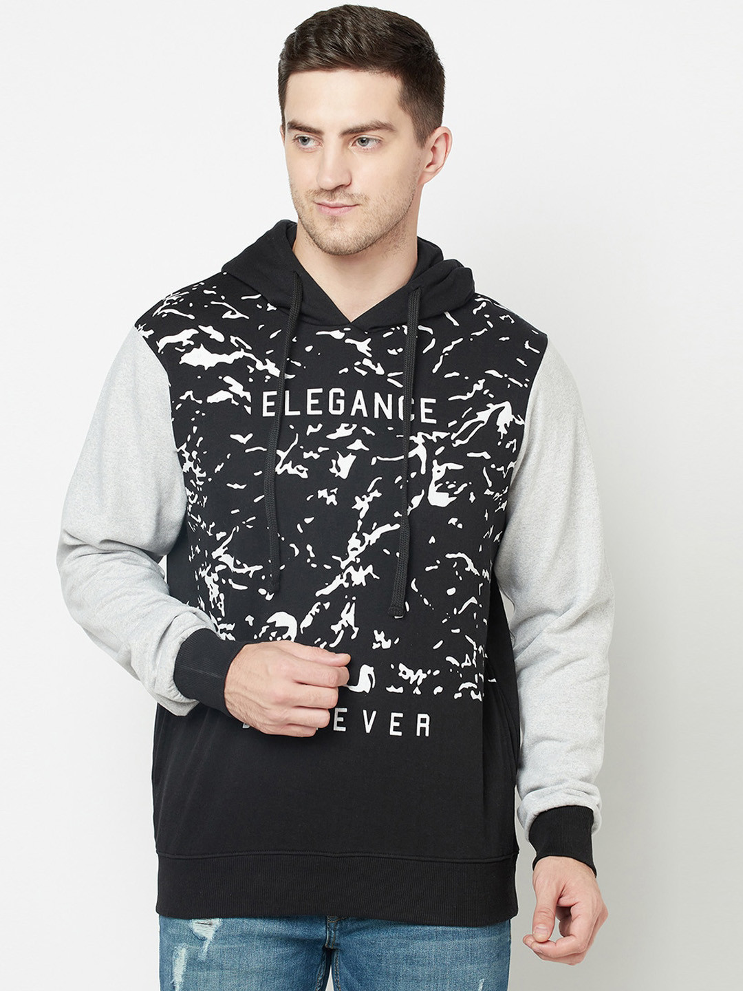 

ELEGANCE Men Black & White Printed Hooded Sweatshirt