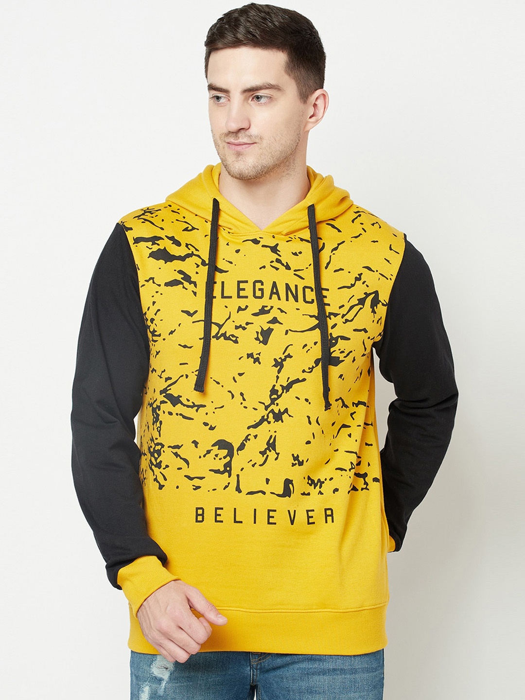 

ELEGANCE Men Mustard Yellow & Back Printed Hooded Sweatshirt