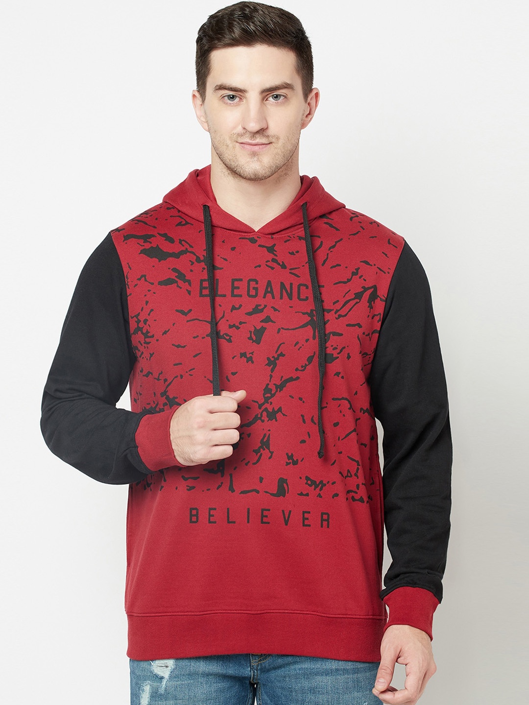 

ELEGANCE Men Red Printed Hooded Sweatshirt