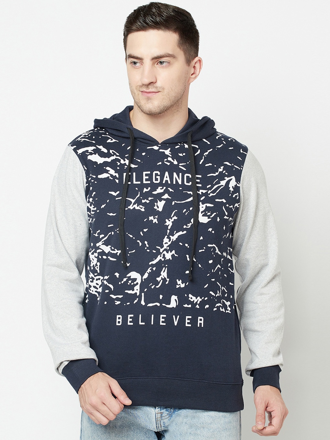 

ELEGANCE Men Navy Blue & White Printed Hooded Sweatshirt