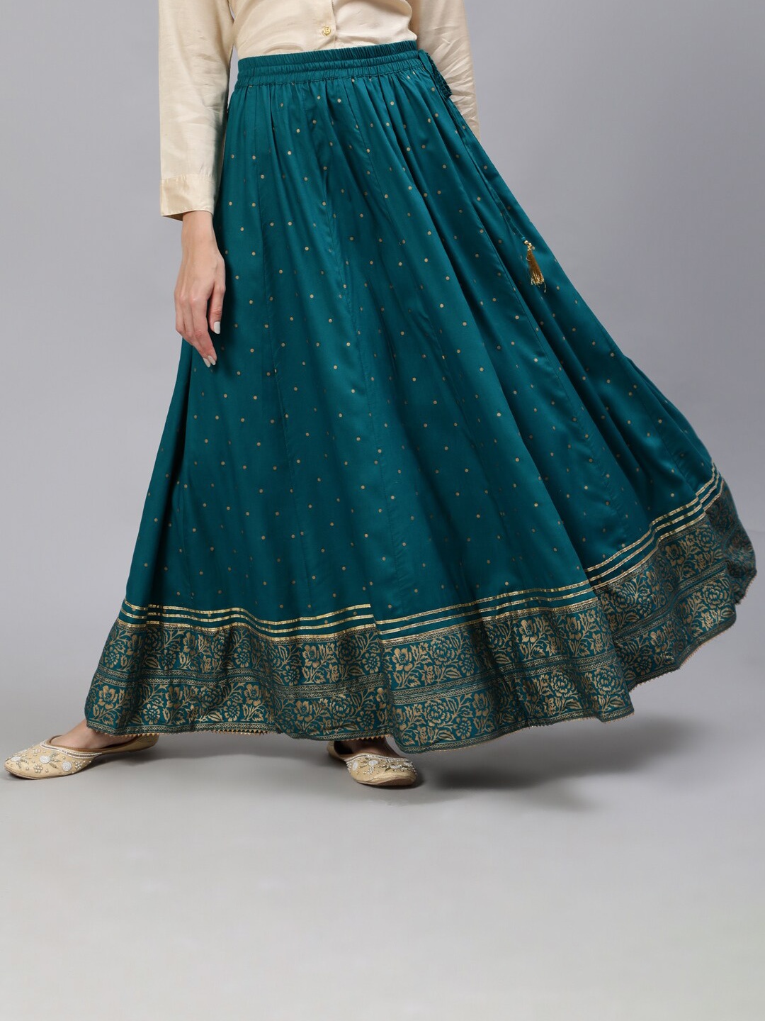 

Jaipur Kurti Women Turquoise Blue & Gold-Coloured Ethnic Motifs Print Flared Maxi Skirt