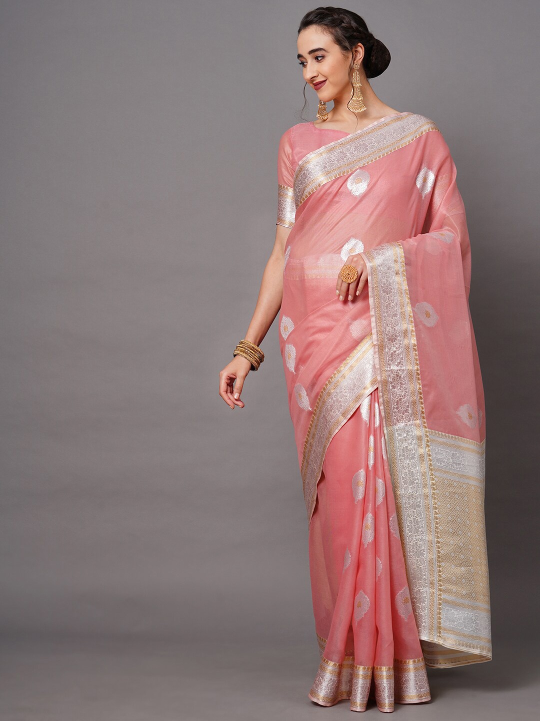 

Saree mall Pink & Silver-Toned Woven Design Zari Silk Blend Banarasi Sarees