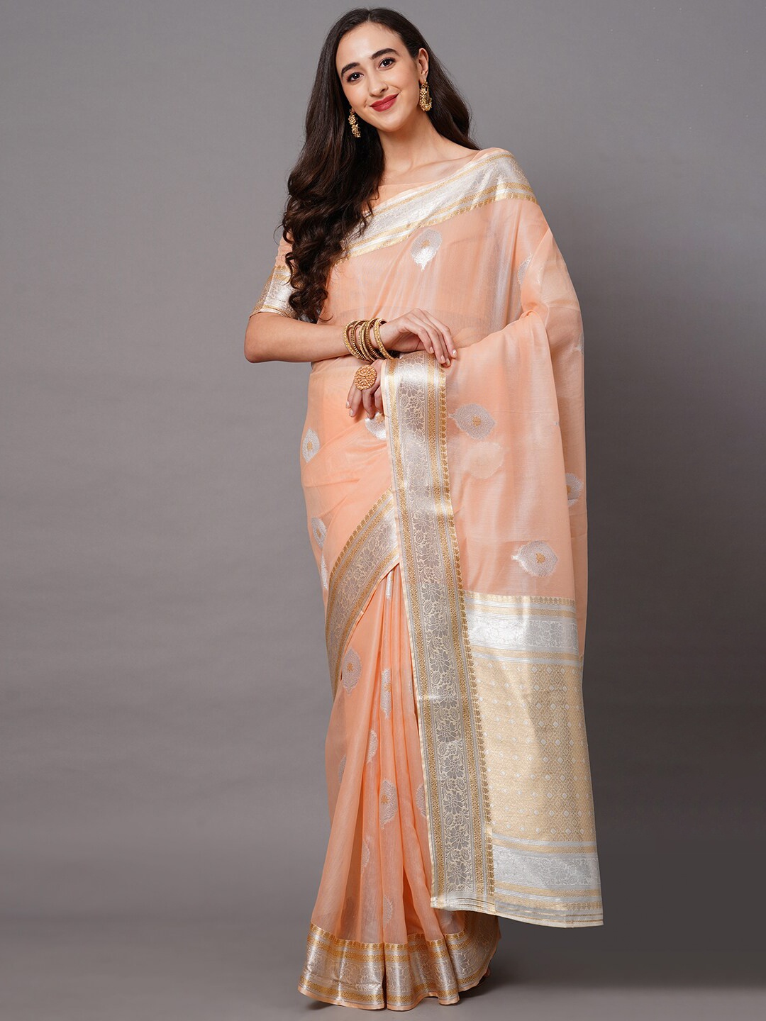 

Saree mall Peach-Coloured & Silver-Toned Woven Design Silk Blend Banarasi Sarees