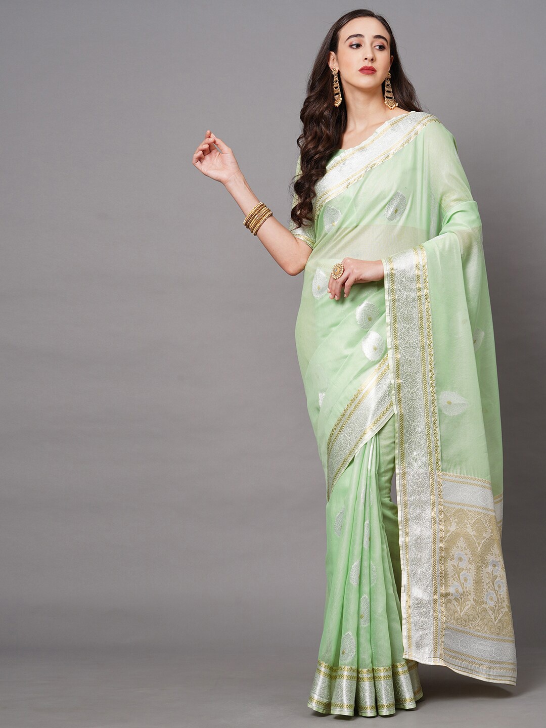 

Saree mall Green & Gold-Toned Woven Design Zari Silk Blend Banarasi Sarees