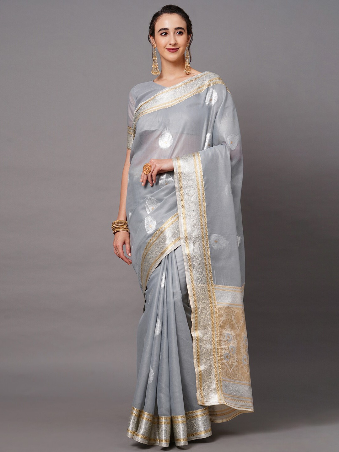 

Saree mall Grey & Gold-Toned Woven Design Silk Blend Banarasi Sarees