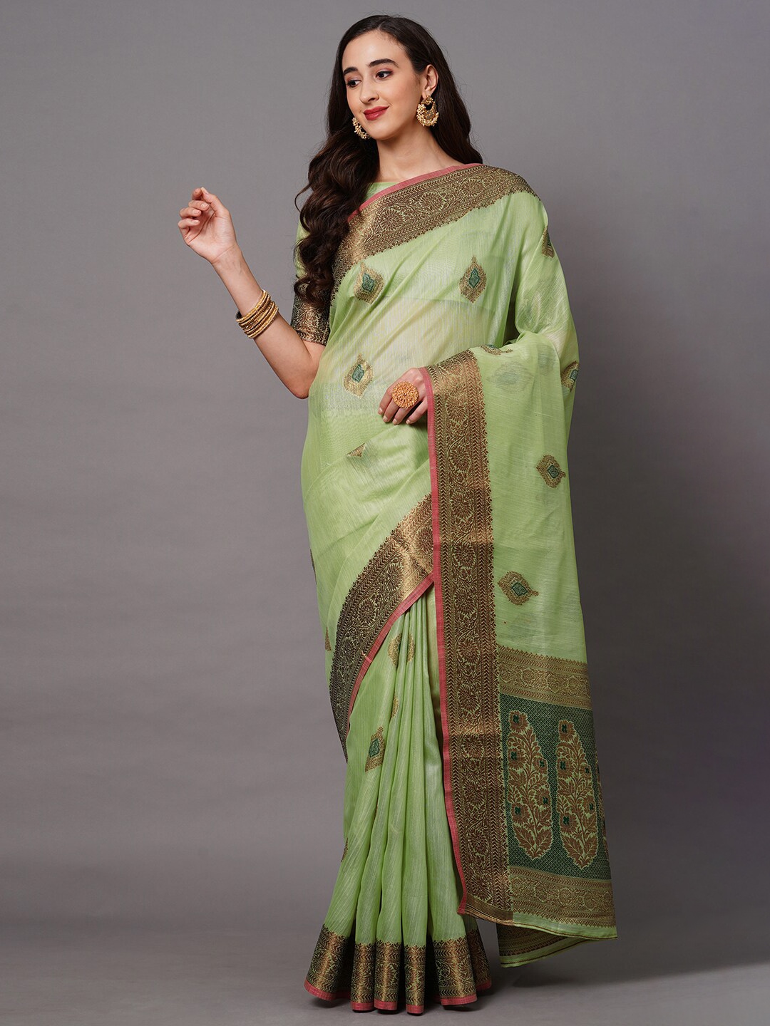 

Saree mall Green & Gold-Toned Woven Design Silk Blend Banarasi Sarees