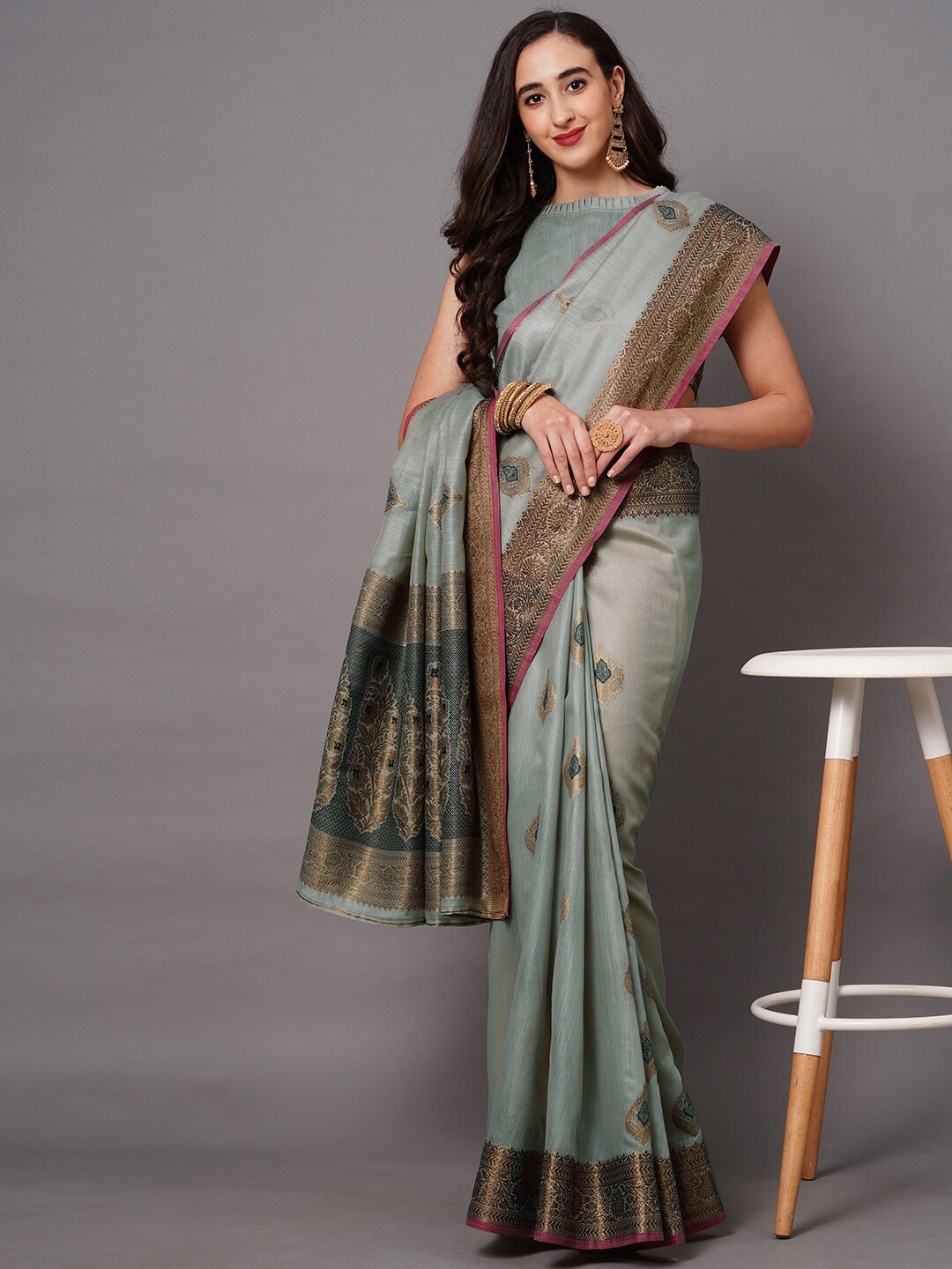 

Saree mall Grey & Beige Woven Design Silk Blend Banarasi Sarees