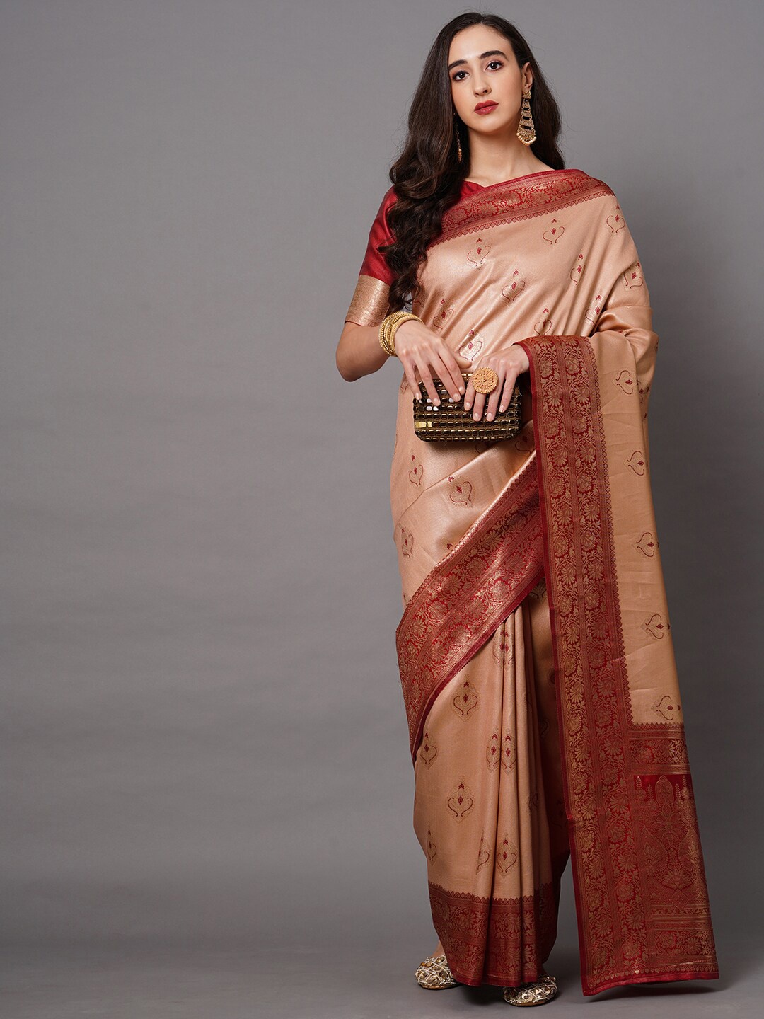

Saree mall Beige & Red Woven Design Silk Blend Banarasi Sarees
