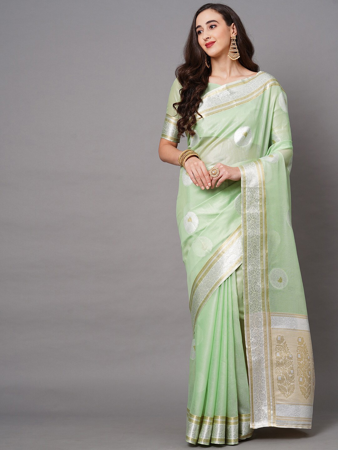 

Saree mall Green & Silver-Toned Woven Design Silk Blend Banarasi Sarees