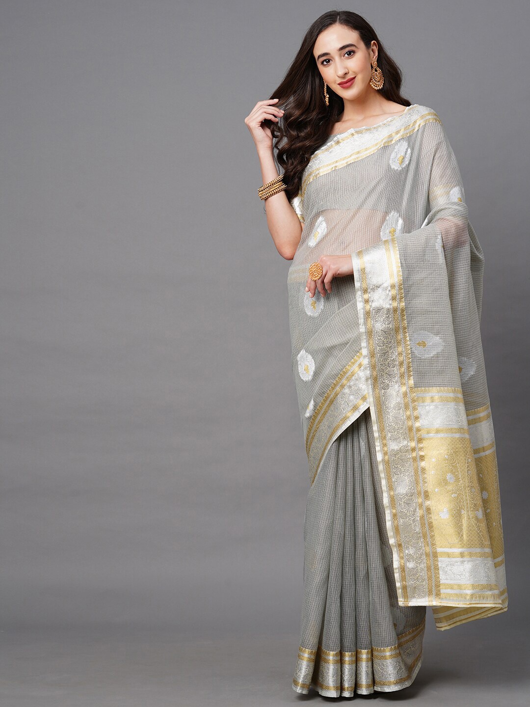 

Saree mall Grey & Silver-Toned Woven Design Silk Blend Banarasi Sarees