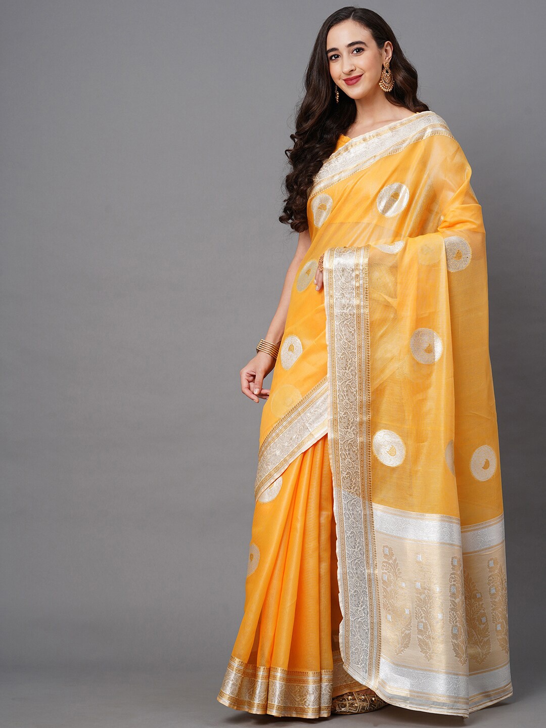 

Saree mall Mustard & Silver-Toned Woven Design Silk Blend Banarasi Sarees