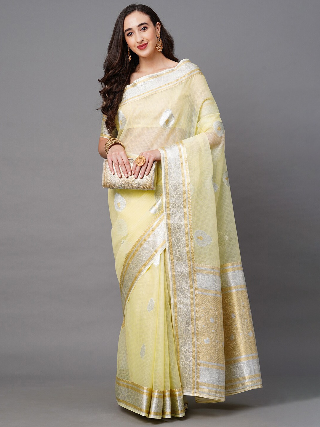 

Saree mall Yellow & Silver-Toned Woven Design Silk Blend Banarasi Sarees