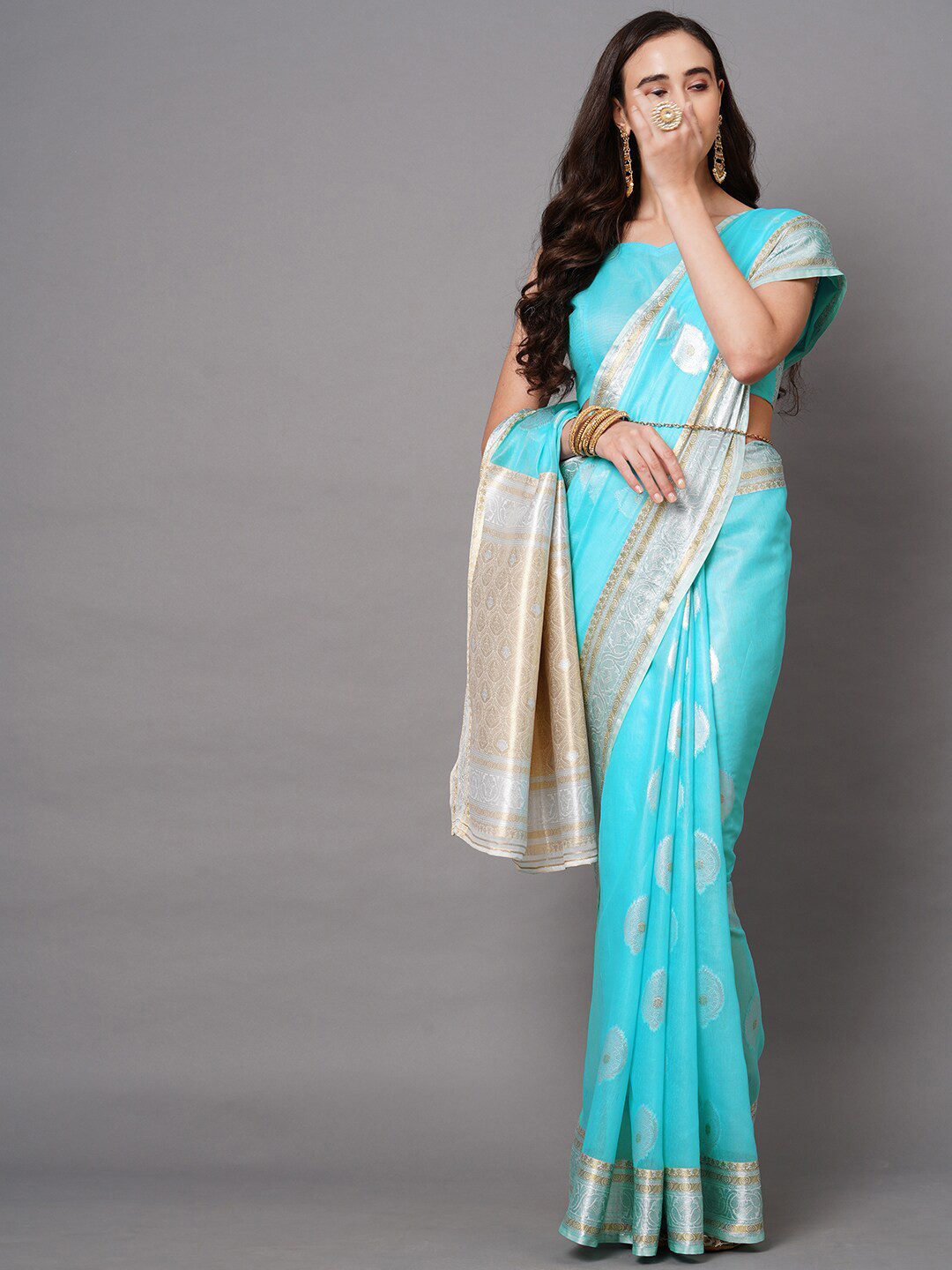 

Saree mall Blue & Silver-Toned Woven Design Silk Blend Banarasi Sarees