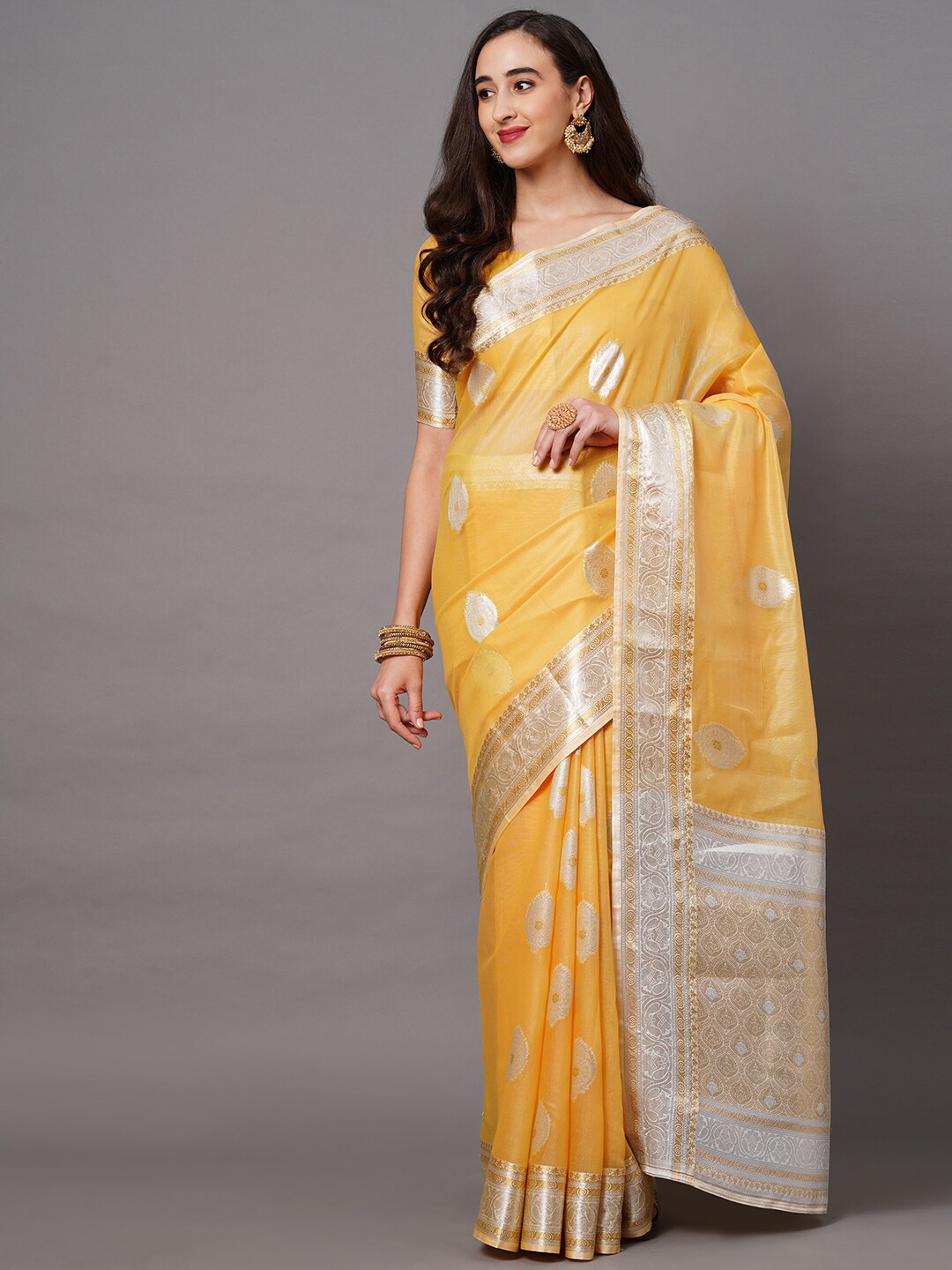 

Saree mall Yellow & Beige Woven Design Silk Blend Banarasi Sarees