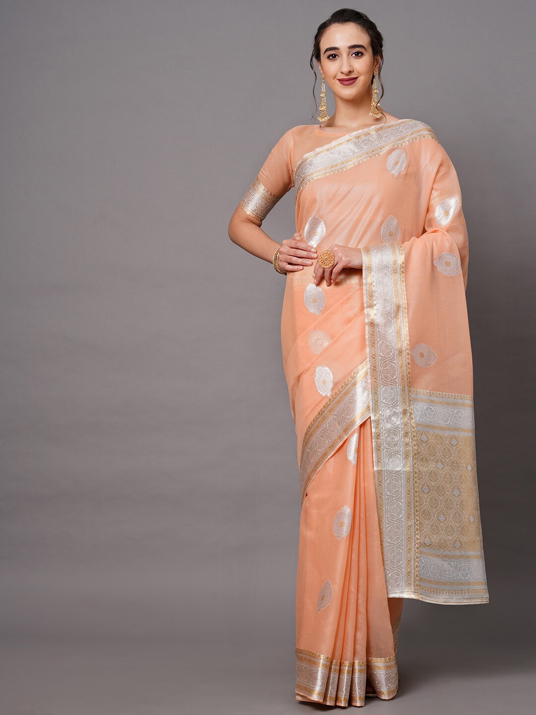 

Saree mall Peach-Coloured & Silver-Toned Woven Design Silk Blend Banarasi Sarees