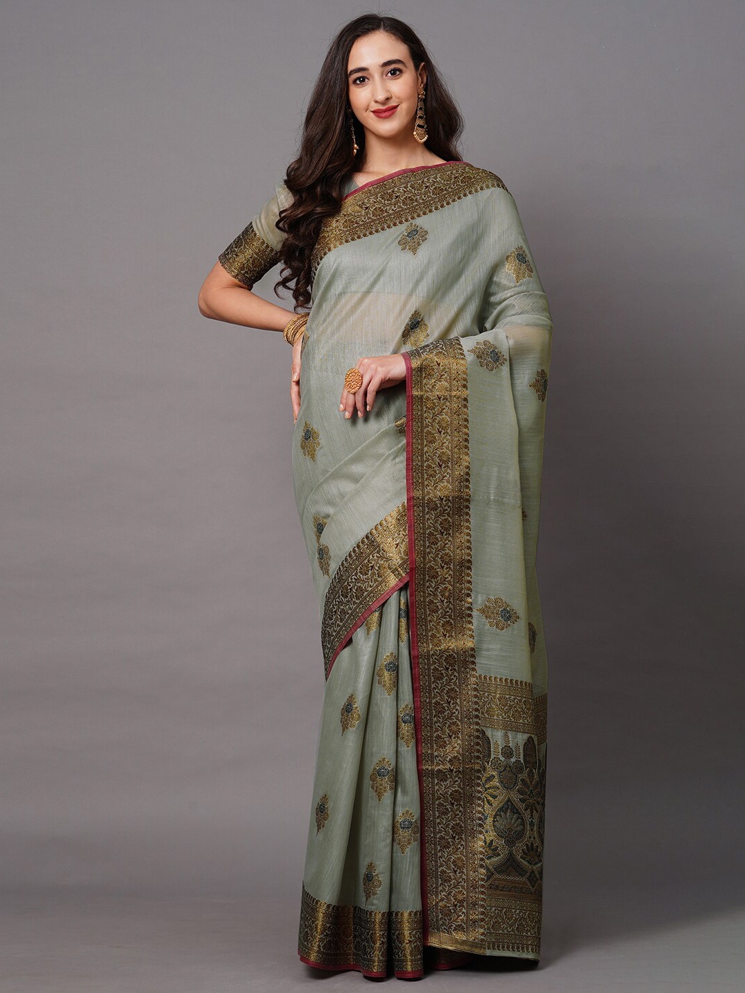 

Saree mall Grey & Red Woven Design Silk Blend Banarasi Sarees