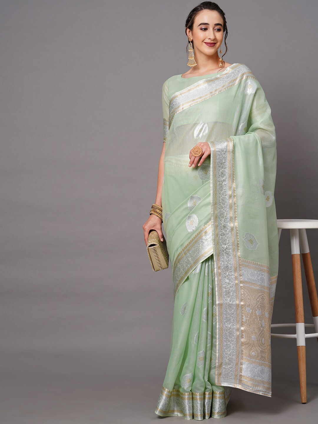 

Saree mall Green & Silver-Toned Woven Design Silk Blend Banarasi Sarees