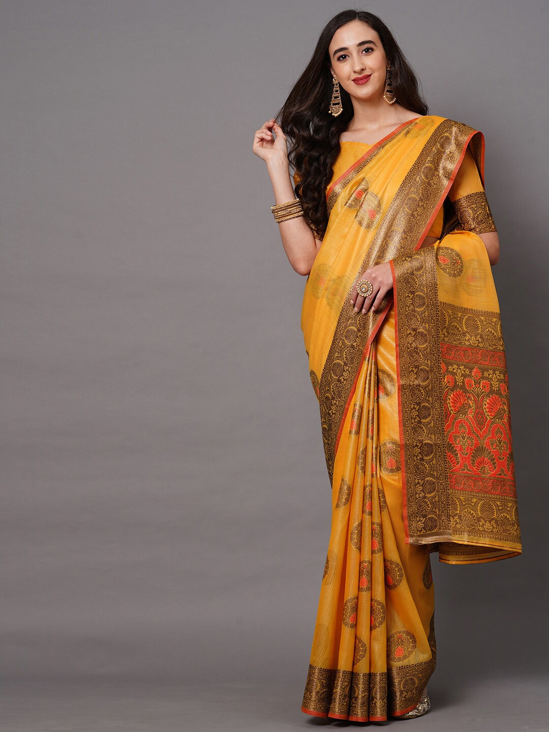 

Saree mall Mustard & Orange Woven Design Silk Blend Banarasi Sarees