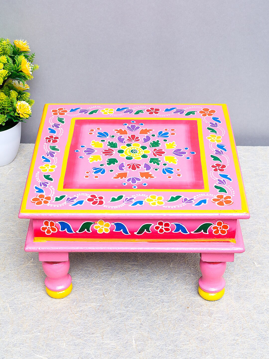 

Golden Peacock Pink & Blue Hand Painted Handcrafted Wooden Square Pooja Chowki