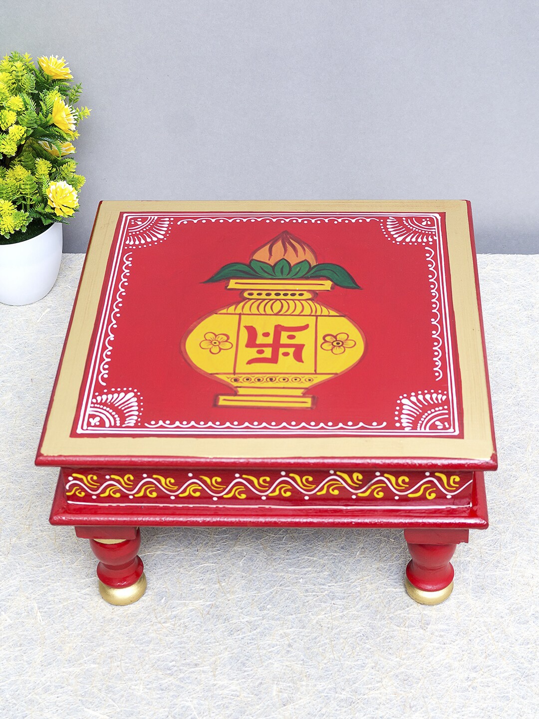 

Golden Peacock Red & Yellow Hand Painted Wood Pooja Chowki