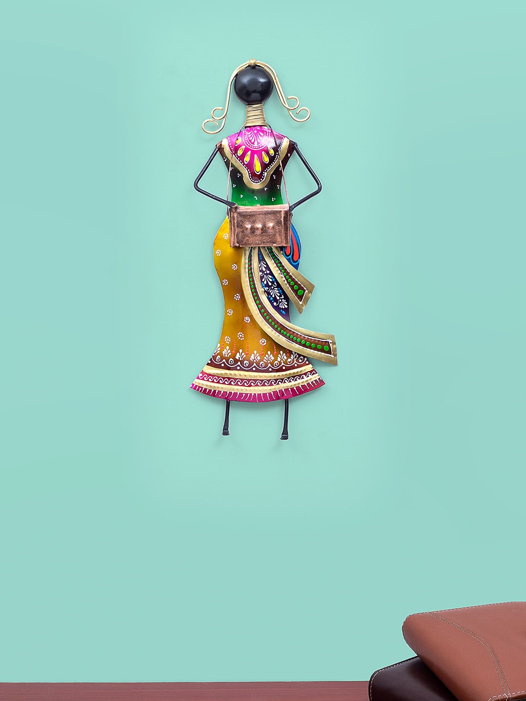

Golden Peacock Green & Gold-Toned Handcrafted Lady Playing Harmonium Decorative Wall Decor, Multi