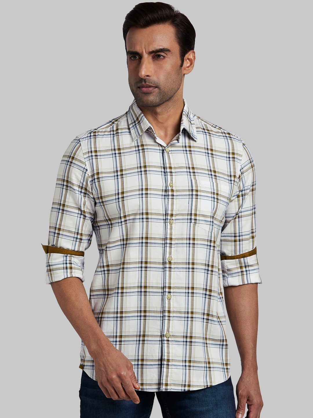 

Parx Men White & Brown Slim Fit Opaque Checked Cotton Casual Shirt