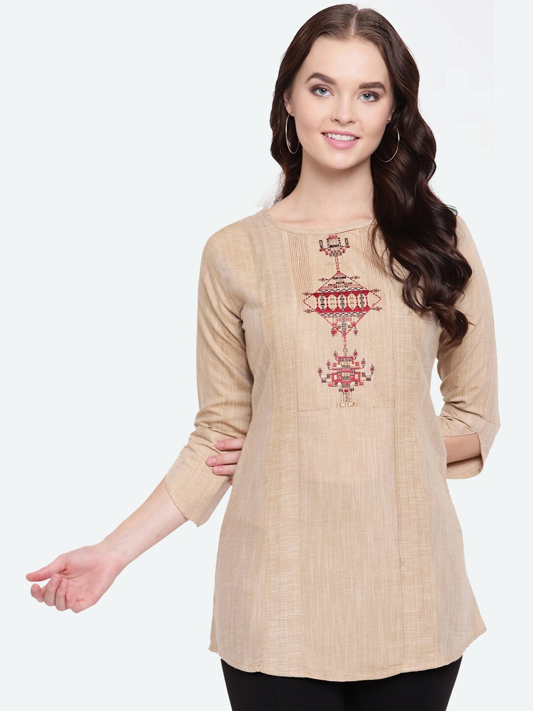 

Kvsfab Beige & Red Embroidered Tunic