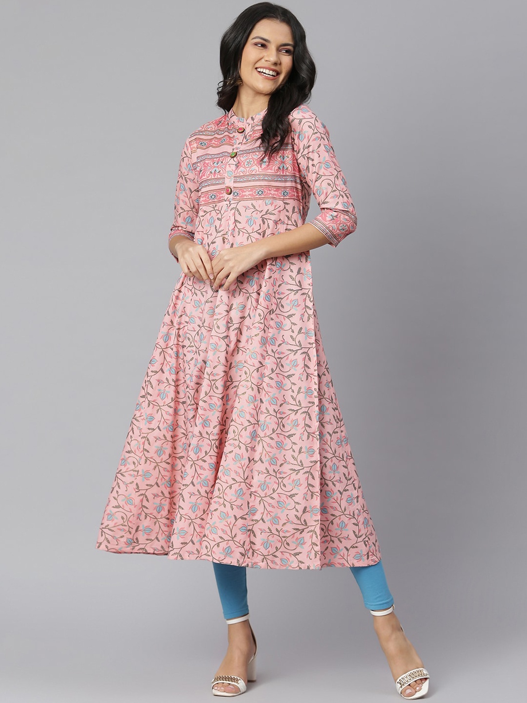 

Stylum Women Pink & Teal Floral Printed Gotta Patti Floral A-line Kurta