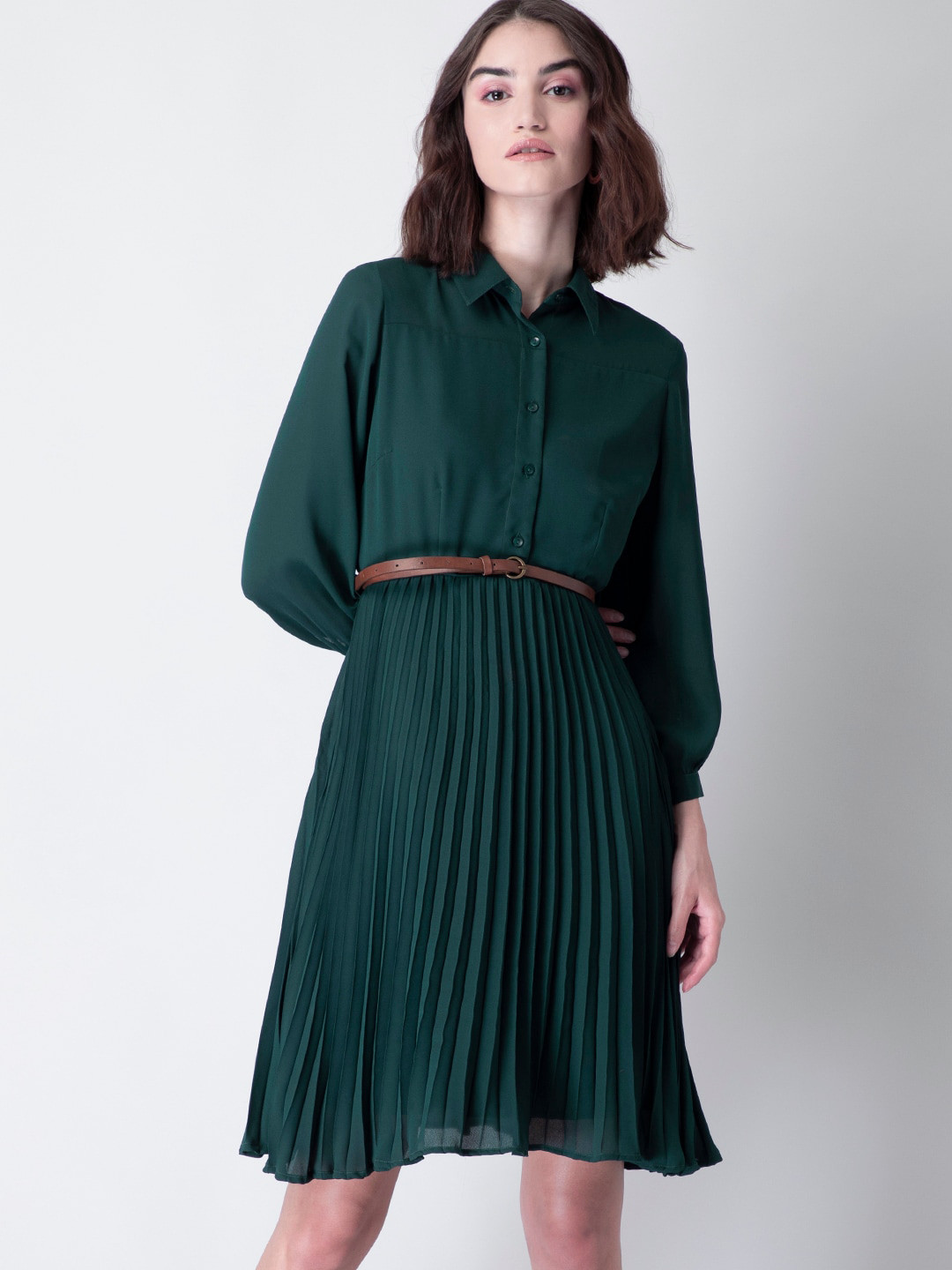 

FabAlley Green Accordion Pleats Shirt Dress with Belt