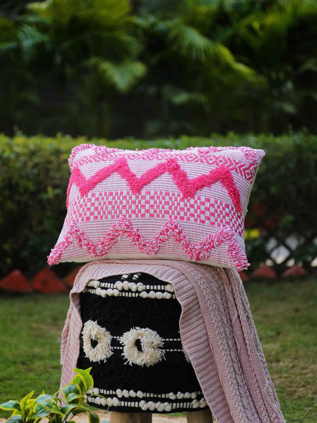

Amoliconcepts Pink & White Self Design Tufting Cotton Rectangle Cushion Covers