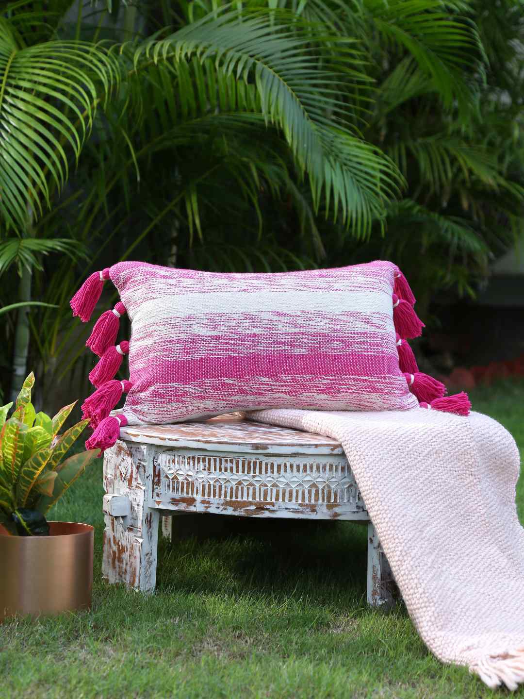 

Amoliconcepts Pink & White Striped Hand Woven Cotton Rectangle Cushion Covers With Tassels